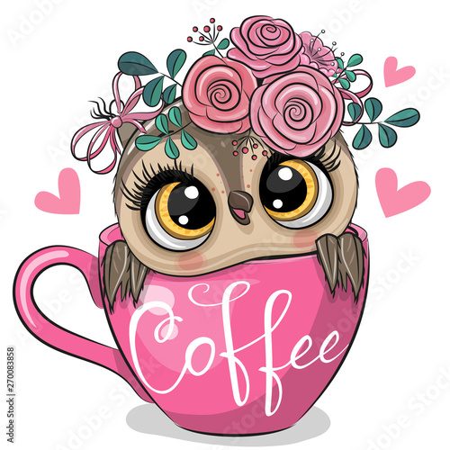 Cartoon owl is sitting in a Cup of coffee