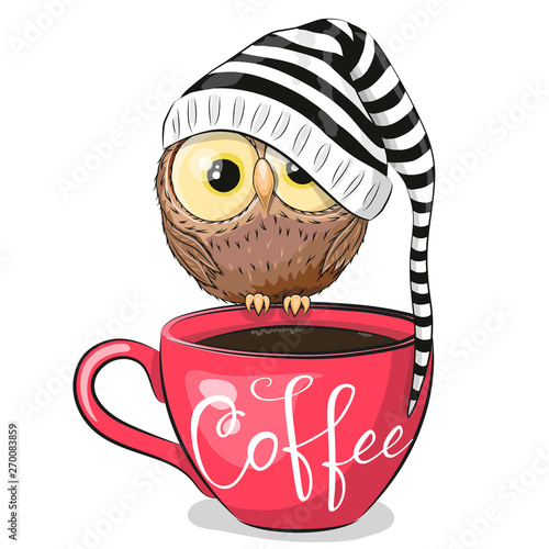 Cartoon owl is sitting on a Cup of coffee
