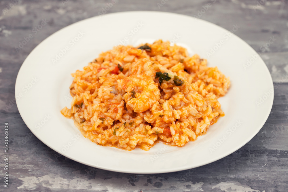 traditional portuguese dish rice with seafood in white dish traditional portuguese dish rice with seafood in white dish