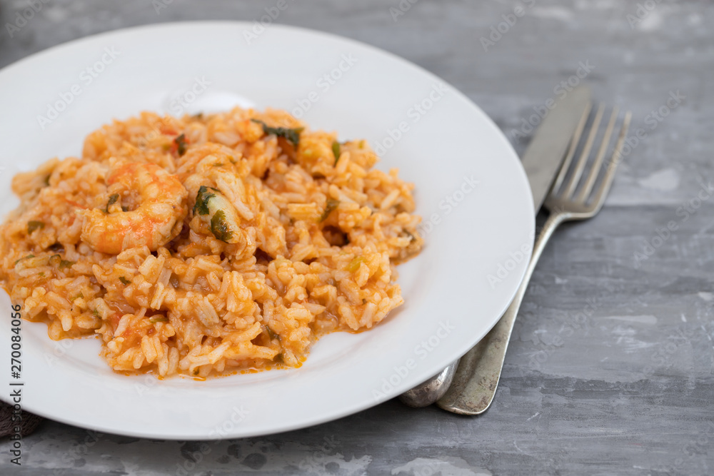 traditional portuguese dish rice with seafood in white dish traditional portuguese dish rice with seafood in white dish