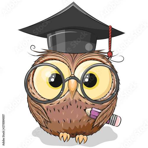 Clever owl with pencil and in graduation cap