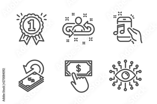 Music phone, Recruitment and Cashback icons simple set. Reward, Payment click and Artificial intelligence signs. Radio sound, Manager change. Education set. Line music phone icon. Editable stroke