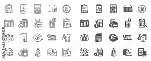 Accounting line icons. Set of Calculator, Check investment and Report icons. Calendar, Banking account and Finance accounting report document. Bill, Calculator and Wealth auditing. Quality sign set photo
