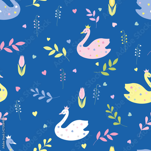 Cute cartoon swans, flowers, leaves. Seamless color vector on blue background.