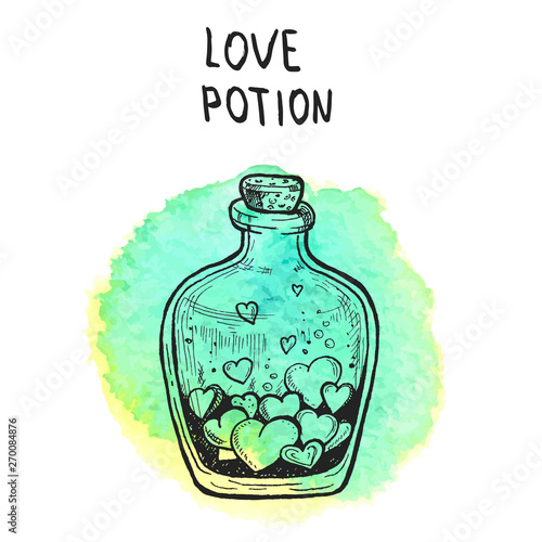 Bottle with love potion. Old school tattoo style. Hand drawn illustration converted to vector.