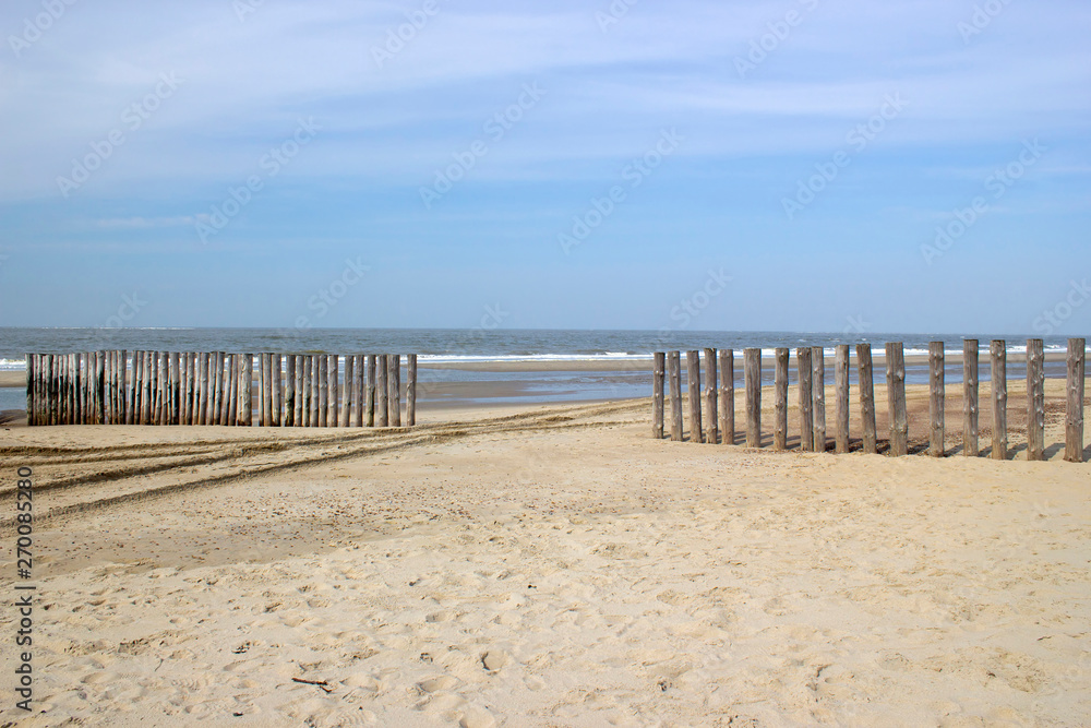 Wave breaker made of wooden stakes on the beach, Renesse, Netherlands