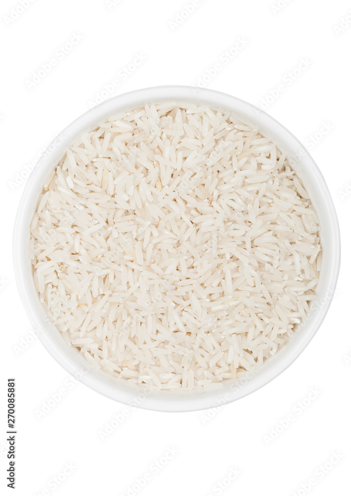 White bowl of raw organic basmati rice on white background. Healthy food. Top view White bowl of raw organic basmati rice on white background. Healthy food. Top view