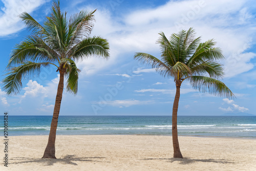 Two palm trees on tropical paradise beach