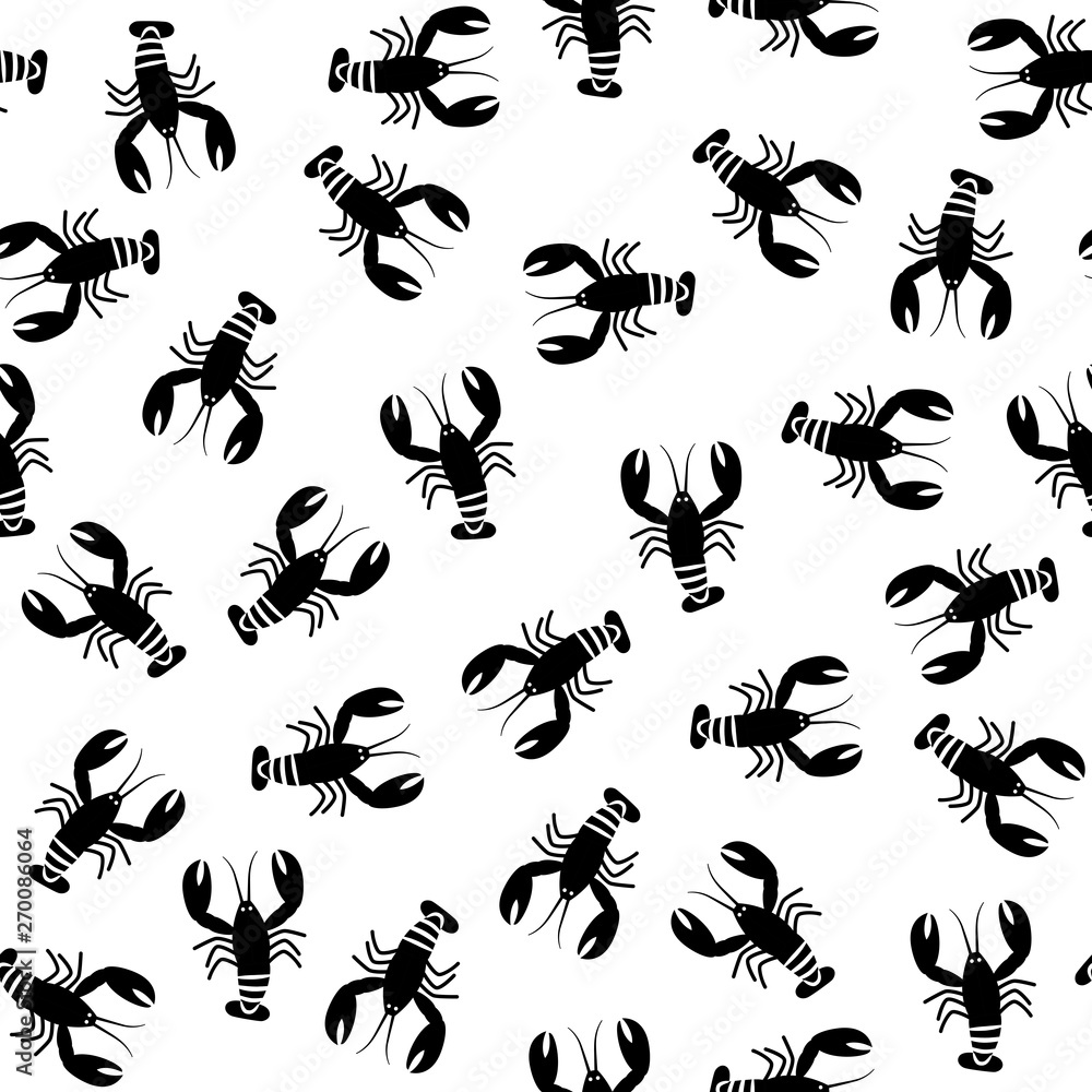Crawfish monochrome seamless pattern. Flat illustration of black lobsters.