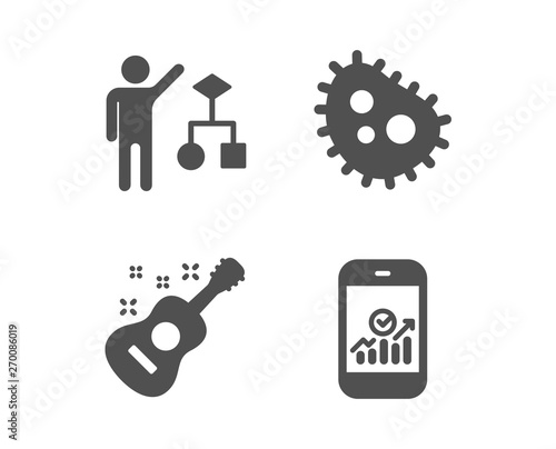 Set of Algorithm, Bacteria and Guitar icons. Smartphone statistics sign. Developers job, Antibacterial, Acoustic instrument. Mobile business.  Classic design algorithm icon. Flat design. Vector