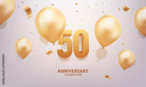50th Anniversary celebration. 3D Golden numbers with confetti and balloons.