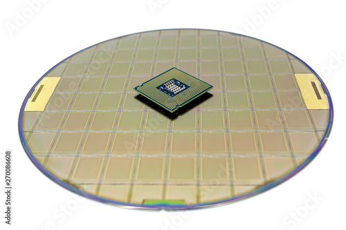 Photo of a Computer Chip CPU put on silicon wafer with microchip