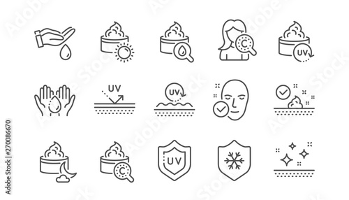 Skin care line icons. Collagen, Cream, Serum oil and Skincare. Face sun lotion gel, Uv protection, vitamin E icons. Face skin care cream protection. Linear set. Vector