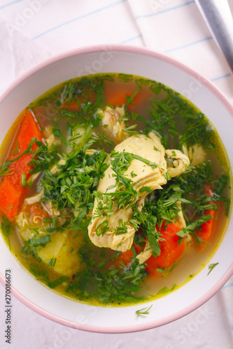 Tasty soup with chicken and vegetables. closeup