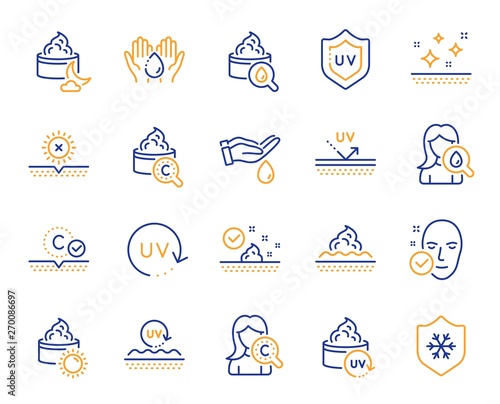 Skin care line icons. Collagen, Cream, Serum oil and Skincare. Face sun lotion gel, Uv protection, vitamin E icons. Night face skin care cream protection. Skincare cosmetic. Vector