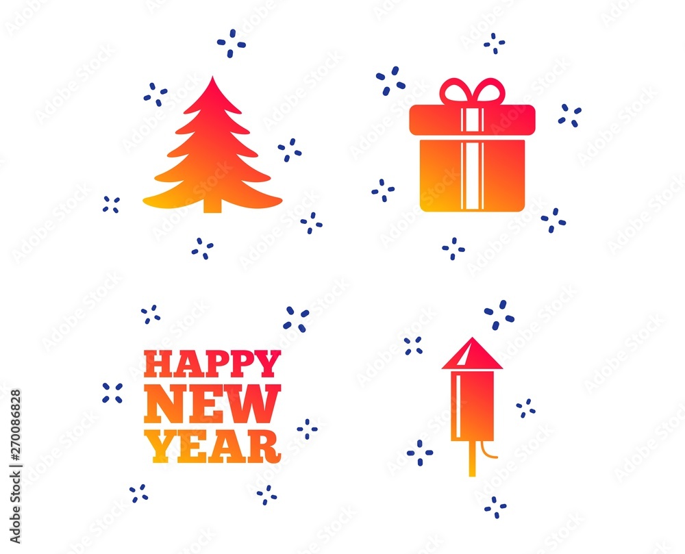 Happy new year icon. Christmas tree and gift box signs. Fireworks rocket symbol. Random dynamic shapes. Gradient fireworks icon. Vector