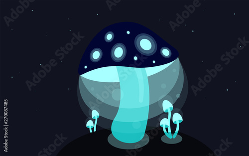 big blue mushroom glowing in the dark and small blue mushrooms on a black background