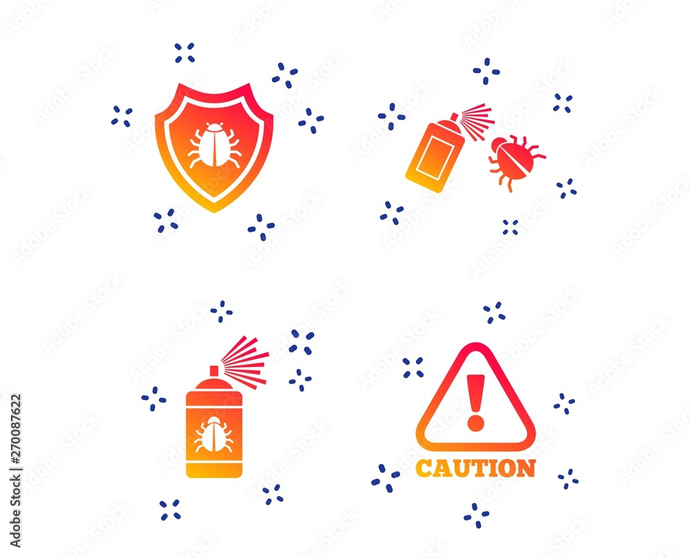 Bug disinfection icons. Caution attention and shield symbols. Insect fumigation spray sign. Random dynamic shapes. Gradient disinfection icon. Vector Bug disinfection icons. Caution attention and shield symbols. Insect fumigation spray sign. Random dynamic shapes. Gradient disinfection icon. Vector