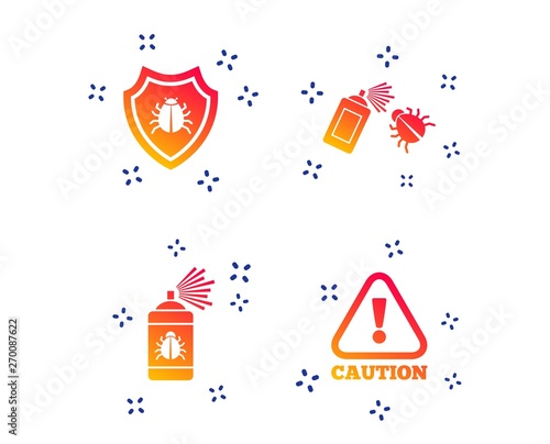Bug disinfection icons. Caution attention and shield symbols. Insect fumigation spray sign. Random dynamic shapes. Gradient disinfection icon. Vector