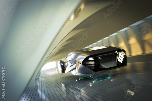 Quadro em tela Futuristic luxury sports car hovering at high speeds through a modern interior tunnel