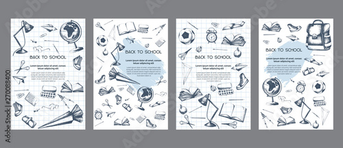 Back to school cards, flyer, poster templates, greetings kit, universal, sketch ink