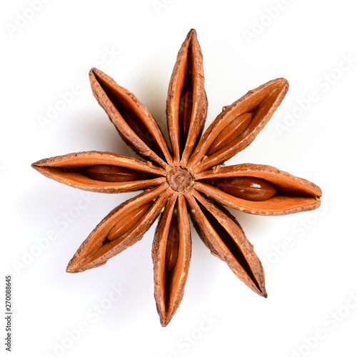 Star anise. Single star anise fruit. Macro close up Isolated on white square background with shadow, top view of chinese badiane spice or Illicium verum.