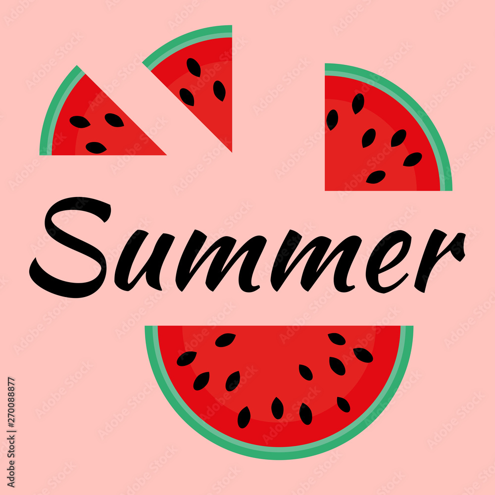 Flat flat illustration of watermelon. Slices of juicy watermelon. Summer illustration for sales, postcards, icons, highlights. Summer. Flat flat illustration of watermelon. Slices of juicy watermelon. Summer illustration for sales, postcards, icons, highlights. Summer.