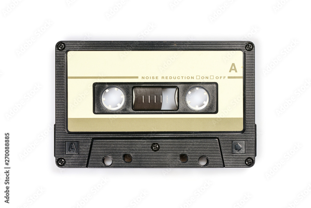 Audio compact cassette. Analog tape format for audio playing and recording. Audio cassette isolated on white background.