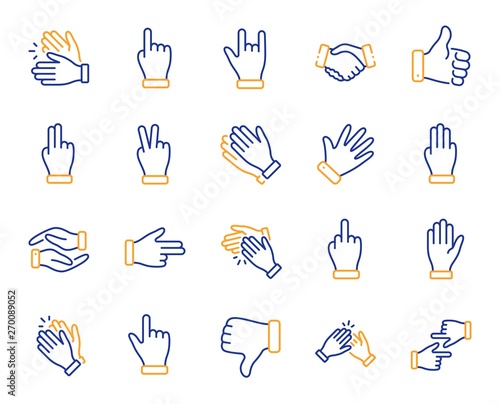 Hand gestures line icons. Handshake, Clapping hands, Victory. Horns, Thumb up finger, drag and drop icons. Donation hand gestures, middle finger, palm. Helping hand, ok sign. Vector