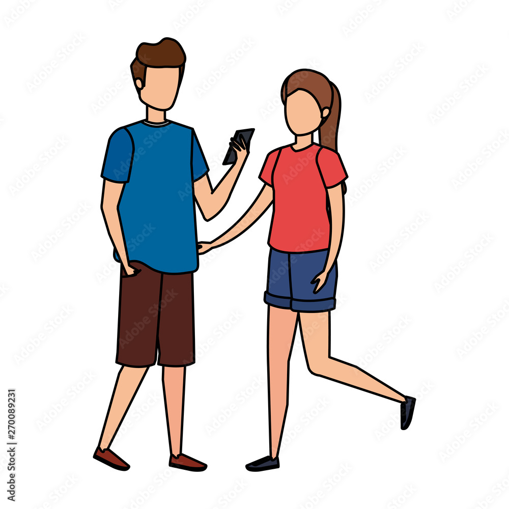 young couple using smartphone characters young couple using smartphone characters