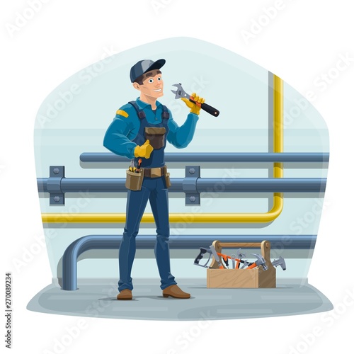 Plumber worker, water pipes plumbing service