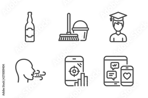 Breathing exercise, Seo phone and Bucket with mop icons simple set. Beer bottle, Student and Social media signs. Breath, Search engine. Line breathing exercise icon. Editable stroke. Vector