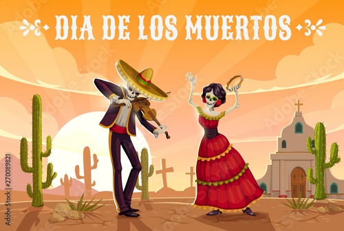 Skeletons dancing on cemetery. Mexican Day of Dead