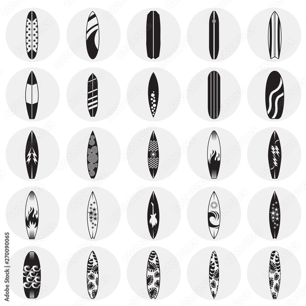 Surfboard icons set on circles background for graphic and web design. Simple vector sign. Internet concept symbol for website button or mobile app. Surfboard icons set on circles background for graphic and web design. Simple vector sign. Internet concept symbol for website button or mobile app.