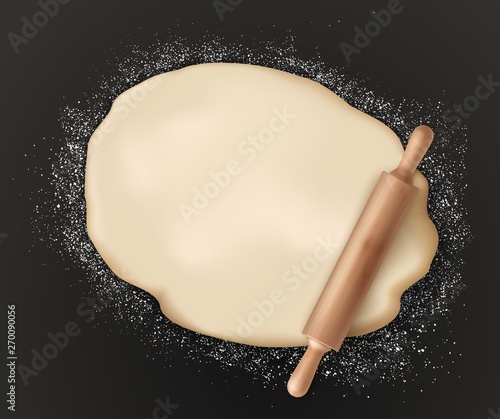 Rolling pin and homemade pastry dough, bakery food