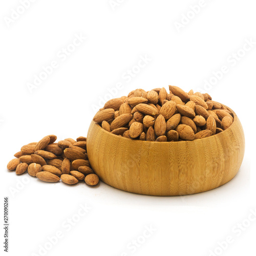 Roasted Almonds in Wooden Bowl – High Protein Snack on White Isolated Background

