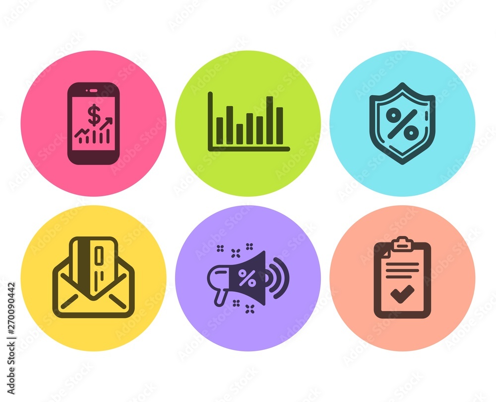 Sale megaphone, Bar diagram and Loan percent icons simple set. Mobile finance, Credit card and Checklist signs. Shopping, Statistics infochart. Finance set. Flat sale megaphone icon. Circle button Sale megaphone, Bar diagram and Loan percent icons simple set. Mobile finance, Credit card and Checklist signs. Shopping, Statistics infochart. Finance set. Flat sale megaphone icon. Circle button