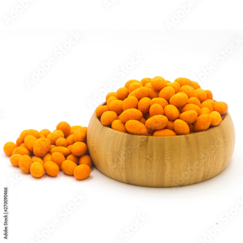 Orange Coated Nuts in Wooden Bowl – Sweet and Colorful Party Snack Display


