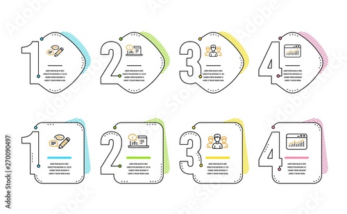 Keywords, Group and Online documentation icons simple set. Website statistics sign. Pencil with key, Group of people, Web engineering. Data analysis. Infographic timeline. Line keywords icon. Vector