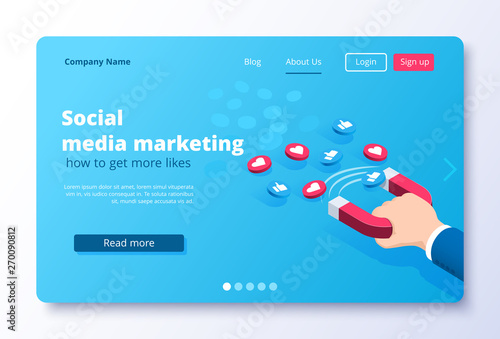 Isometric vector image on a blue background, the hand of a man in a business suit holding a large magnet attracting likes, social and internet marketing landing