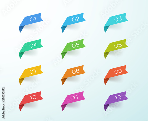 Number Bullet Point 1 to 12 Colorful Label Ribbons Set