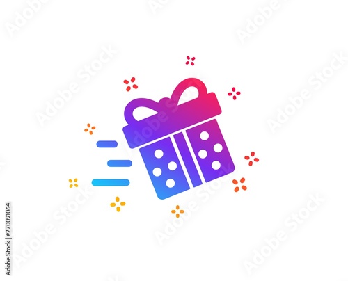 Gift box Delivery icon. Present or Sale sign. Birthday Shopping symbol. Package in Gift Wrap. Dynamic shapes. Gradient design present delivery icon. Classic style. Vector