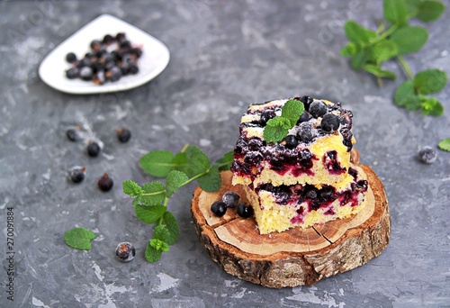 Sweet sliced cake with cornmeal and black currant. Decorated with fresh mint, powdered sugar and berries of frozen black currant.