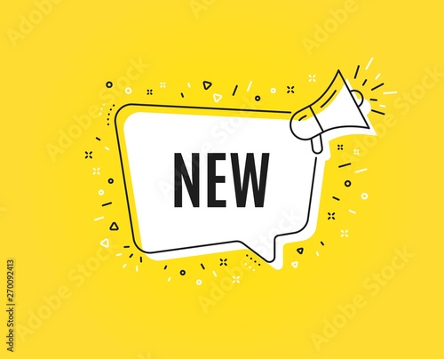 New symbol. Megaphone banner. Special offer sign. New arrival. Loudspeaker with speech bubble. Arrivals sign. Marketing and advertising tag. Vector