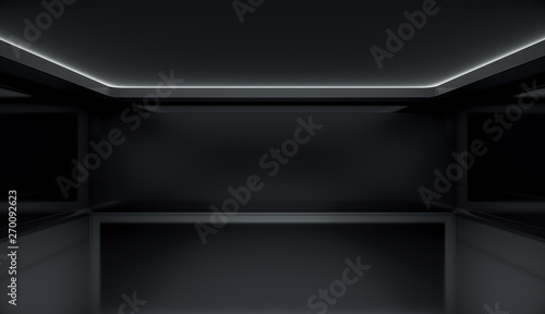Contemporary futuristic concept background. Empty future clean dark box interior room With Light. 3D Rendering.