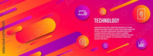 Header banner. Pyramid chart, Attachment and Notebook service icons simple set. Customisation, Call center and Search signs. Report analysis, Attach document. Technology set. Line pyramid chart icon
