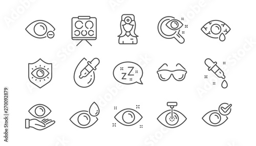 Optometry, Eye doctor line icons. Medical laser surgery, glasses and eyedropper. Pink eye, Cataract surgery and allergy icons. Optician board, oculist chart. Linear set. Vector