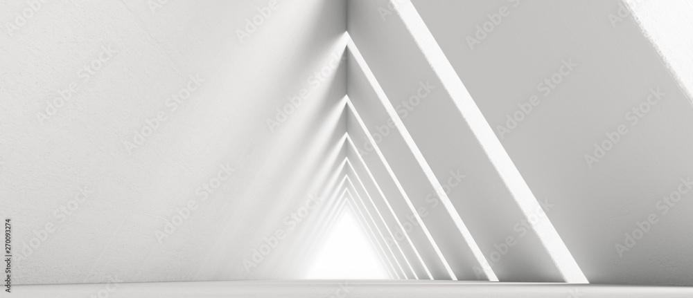 Empty Long Light Corridor. Modern white background. Futuristic Sci-Fi Triangle Tunnel. 3D Rendering Empty Long Light Corridor. Modern white background. Futuristic Sci-Fi Triangle Tunnel. 3D Rendering