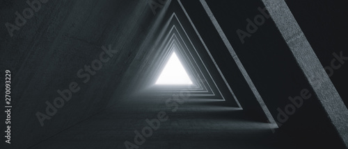 Empty Long Light Corridor. Modern concrete background. Futuristic Sci-Fi Triangle Tunnel. 3D Rendering