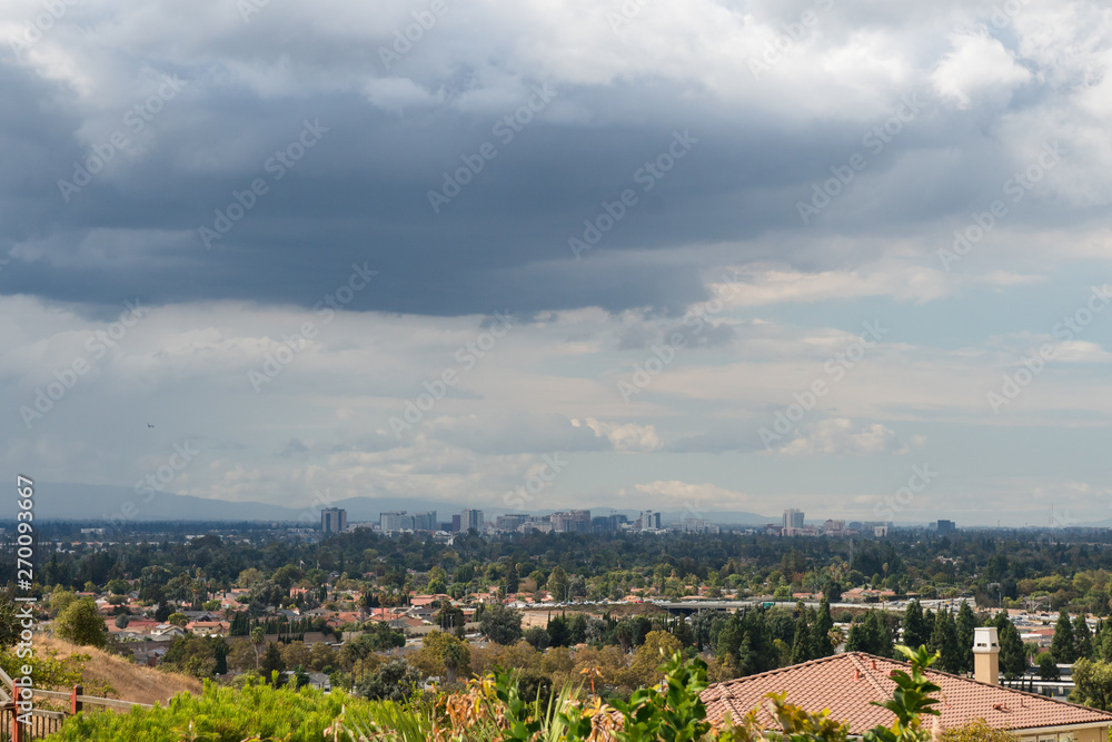 Storm clouds over San Jose, California looking north towards downtown